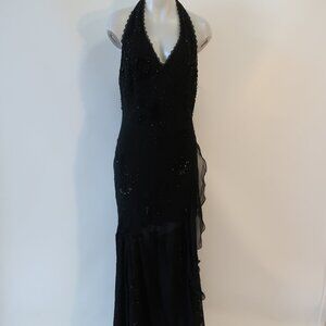 Dolce Jovani Black Beaded Pure Silk Lace Sleeveless Evening Halter Gown Dress L